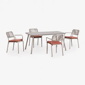 Rechthoekige Eettafelset 160 X 90 Cm Met 4 Stapelbare Eetkamerstoelen Van Gevlochten Touw Arhiza Mokka Bruin - Terracotta - Sklum