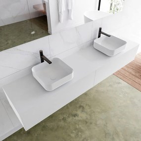 Zaro Lagom volledig naadloos solid surface onderkast met topblad 200cm mat wit met 2 lades Push tot open. Compleet met solid surface opzetkom met 2 kraangat(en)