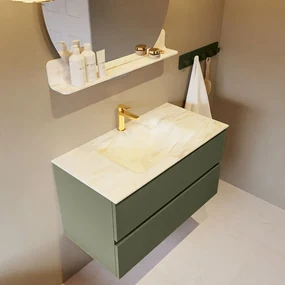 Mondiaz Vica DLux badmeubel 90cm army 2 lades met wastafel ostra midden 1 kraangat
