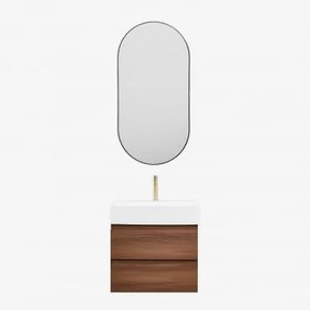 Badkamermeubelset Van Hout En Essenhoutfineer Met Geïntegreerde Wastafel Ona Donker Hout & Ovale Led En Anticondens Zwart 50x100 Cm - Sklum