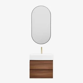 Badkamermeubelset Van Hout En Essenhoutfineer Met Geïntegreerde Wastafel Ona Donker Hout & Ovale Led En Anticondens Zwart 50x100 Cm - Sklum