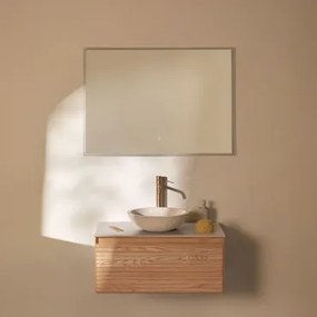 Tedrik Zwevend Badkamermeubelset 80x50 Cm In Essenhout Ash Brown & Rond Cement Wit Ø40 Cm Zavion & Rechthoekige Led En Anticondens 100x70 Cm Riben -