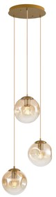 Art Deco hanglamp messing met amber glas 3-lichts - Douglass Art Deco E27 bol / globe / rond Binnenverlichting Lamp