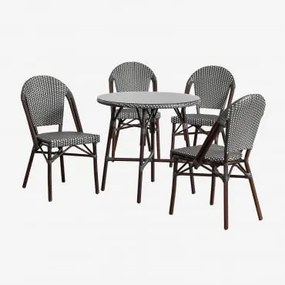 Set Van Ronde Tafel (ø80 Cm) En 4 Stapelbare Tuinstoelen In Aluminium En Synthetisch Rotan Brielle Bistro Grijs – Grafiet - Sklum