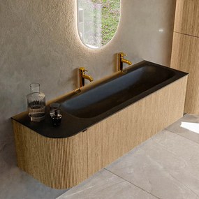 Mondiaz Kurve 145cm badmeubel ronding links oak met 1 lade en deur en wastafel big large rechts 2 kraangaten urban