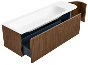 Mondiaz Kurve 145cm badmeubel ronding rechts walnut met 1 lade en deur en wastafel big large kraangat links