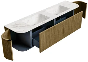 Mondiaz Kurve-dlux 180cm badmeubel ronding links/rechts dusk met 2 lades en deuren en wastafel leaf dubbel 2 kraangaten frappe