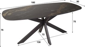 Ovale Eettafel Marmerlook Zwart Goud - 180 X 90cm.
