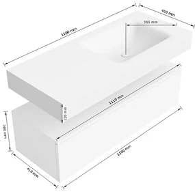 Zaro Alan badmeubel 110cm talc 1 lade met vrijhangende wastafel cloud rechts 1 kraangat talc