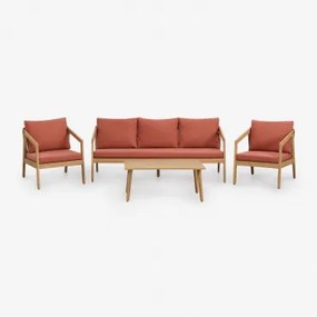 Tuinset Met 3-zitsbank, 2 Fauteuils En Salontafel Van Acaciahout En Gevlochten Touw Kaela Lichte Acaciekleur & Stof Terracota - Sklum
