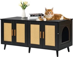 VEVOR Kattenbakbehuizing voor 2 katten, verborgen kattenbakmeubel met rotan-gedecoreerde deuren, houten kattenbakkast, past op de meeste kattenbakken, 119,4 cm L x 40,1 cm B x 55,6 cm H, zwart