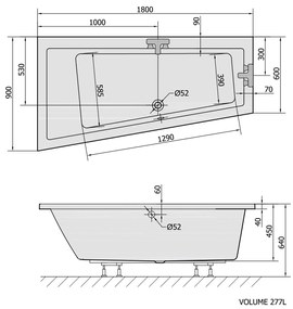 Polysan Andra asymmetrisch bad rechts 180x90x45cm wit