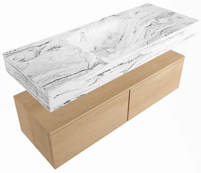 Mondiaz Alan DLux badmeubel 120cm washed oak 2 lades met wastafel glace midden zonder kraangat