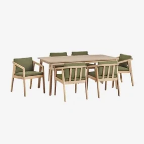 Kaela Rechthoekige Tafelset (180x90 Cm) En 6 Acaciahouten Tuinstoelen Lichte Acaciekleur & Bouclé Leger Groen - Sklum