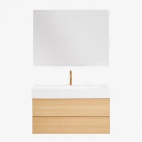 Ona Zwevend Badkamermeubelset Van Hout En Essenfineer Met Geïntegreerde Wastafel Natuurlijk Hout & Rectangular Led And Antifog 120x90 Cm - Sklum