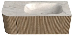 Mondiaz Kurve-dlux 115cm badmeubel ronding links dusk met 1 lade en deur en wastafel big small rechts zonder kraangat ostra