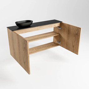 Mondiaz Fowy toiletmeubel 100cm washed oak met zwarte waskom links en kraangat