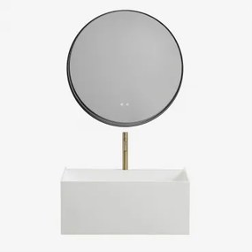 Nerine Zwevend Badkamermeubelset Van Hars Met Geïntegreerde Wastafel En Led-verlichting Wit & Round Led And Antifog Zwart Ø80 Cm Kimacs - Sklum