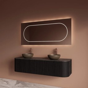 Gliss Design Alluro badmeubel ribbelfront met ronding links/rechts 160cm black en zwart leisteen toppaneel