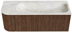 Mondiaz Kurve-dlux 125cm badmeubel ronding links walnut met 1 lade en deur en wastafel big medium rechts zonder kraangat ostra