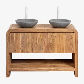 Vacry Houten Badkamermeubelset Acacia Bruin & 2 X Ronde Grijze Cement Ø40 Cm Tarsis & Spiegelloze & ↔︎ 120 Cm & 2 X Wit ↑30 Cm Met Aftap - Sklum