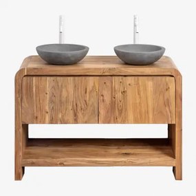 Vacry Houten Badkamermeubelset Acacia Bruin & 2 X Ronde Grijze Cement Ø40 Cm Tarsis & Spiegelloze & 2 X Wit ↑30 Cm Met - Sklum