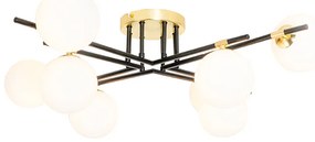 Plafondlamp zwart met goud en opaal glas 8-lichts - Lynn