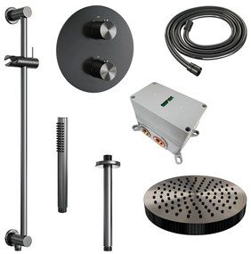 Brauer Stripe inbouw regendouche rond met 25cm hoofddouche, rond met plafondarm, glijstang en staafhanddouche set 45 gunmetal geborsteld PVD