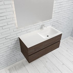 Zaro Valencia Solid Surface badmeubel 100cm donker eiken 1 kraangat spoelbak rechts met 2 lades