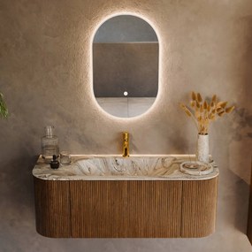 Mondiaz Kurve-dlux 120cm badmeubel ronding links/rechts dusk met 1 lade en 2 deuren en wastafel big small midden 1 kraangat glace