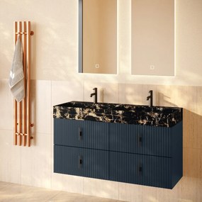 Muebles Murcia badmeubel ribbelfront 120cm marine blauw met Portoro Gold wastafel met kraangaten