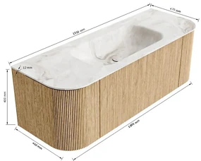 Mondiaz Kurve-dlux 130cm badmeubel ronding links/rechts oak met 1 lade en 2 deuren en wastafel big small midden zonder kraangat opalo