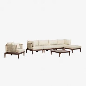 Tuinset Met 4-delige Modulaire Bank Met 2 Hoekfauteuils, Salontafel, Poef En Acaciahouten Fauteuil Giulia Donker Acaciabruin - Sklum