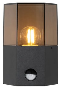 Buiten wandlamp zwart met smoke glas zeshoek en bewegingssensor - Denmark