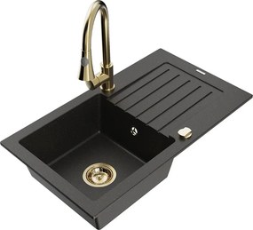 Mexen Pablo granit gootsteen 1-komorig met afdruiprek en keukenmengkraan Elia, zwart/gouden metallic - 6510-75-670101-50
