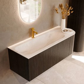 Mondiaz Kurve-dlux 125cm badmeubel ronding rechts shadow met 1 lade en deur en wastafel big medium kraangat links ostra