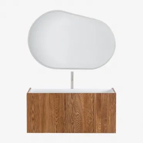 Badkamermeubelset In Hout Met Geïntegreerde Wastafel Fiore Donker Hout & Ovaal Led En Anticondens 120x80 Cm Meunier & Chroom ↑30 - Sklum