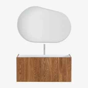 Badkamermeubelset In Hout Met Geïntegreerde Wastafel Fiore Donker Hout & Ovaal Led En Anticondens 120x80 Cm Meunier & Chroom ↑30 - Sklum