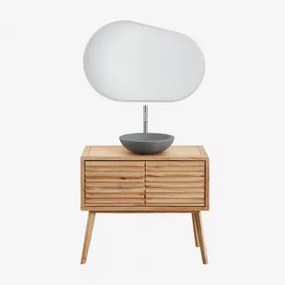 Deleyna Houten Badkamermeubelset Natuurlijk Hout & Rond Grijs Cement Ø40 Cm Tarsis & Ovaal Led En Anticondens 100x65 Cm Meunier - Sklum