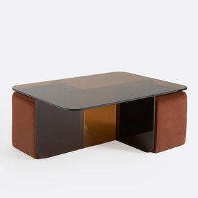 Amber gehard glazen salontafel met 2 stoffen poefs, DELLA