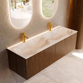 Mondiaz Kurve-dlux 140cm badmeubel dusk met 2 lades en wastafel stor small dubbel 2 kraangaten frappe