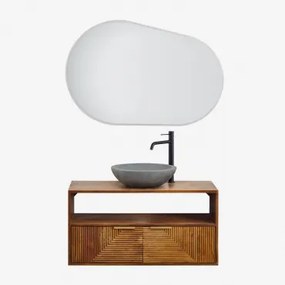 Baty Mangohouten Badkamermeubelset Mangohout & Rond Grijs Cement Ø40 Cm Tarsis & Ovaal Led En Anticondens 100x80 Cm Riben & Zwart - Sklum