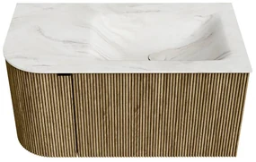 Mondiaz Kurve-dlux 85cm badmeubel ronding links dusk met 1 lade en deur en wastafel cloud kraangat rechts ostra