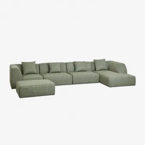 4-delige Chaise Longue Modulaire Bank Rechts Met Cardea Gestoffeerde Poef Bouclé Groen – Salie - Sklum