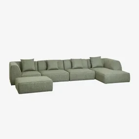 4-delige Chaise Longue Modulaire Bank Rechts Met Cardea Gestoffeerde Poef Bouclé Groen – Salie - Sklum