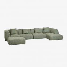 Rechte Modulaire Chaise Longue Bank Van 4 Delen Met Gestoffeerde Poef Cardea Bouclé Saliegroen - Sklum