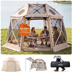 VEVOR Pop-up Paviljoen 3,6 x 3,6 m, 13-zijdige, bolvormige campingtent met afneembaar dak en draagtas, 360° ventilatie, zonwering, partytent voor 8-10 personen, beige