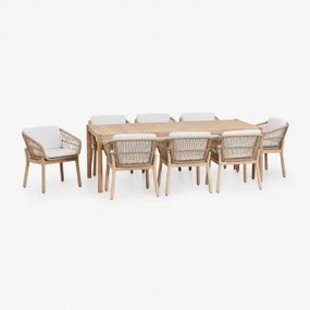 Rechthoekige Tafelset 220x100 Cm En 8 Eetkamerstoelen In Acaciahout En Karvia Gevlochten Touw Lichte Acaciekleur & Stof Wit - Sklum