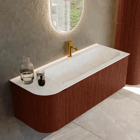 Mondiaz Kurve-dlux 125cm badmeubel ronding links ruby met 1 lade en deur en wastafel big medium kraangat rechts opalo