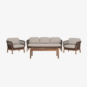 Tuinset Met 3-zitsbank, 2 Fauteuils En Salontafel Van Acaciahout En Gevlochten Karvia-touw Acacia Bruin & Hazelnootbruin Doek - Sklum